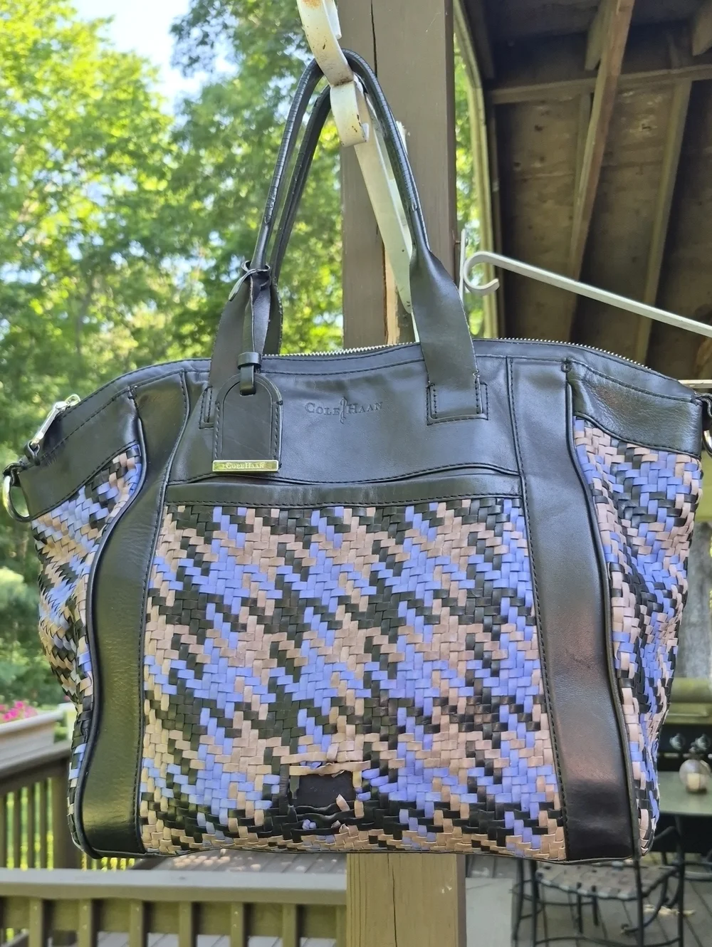 Vintage Cole Haan Woven Blue Leather tote Crossbody Tote Bag